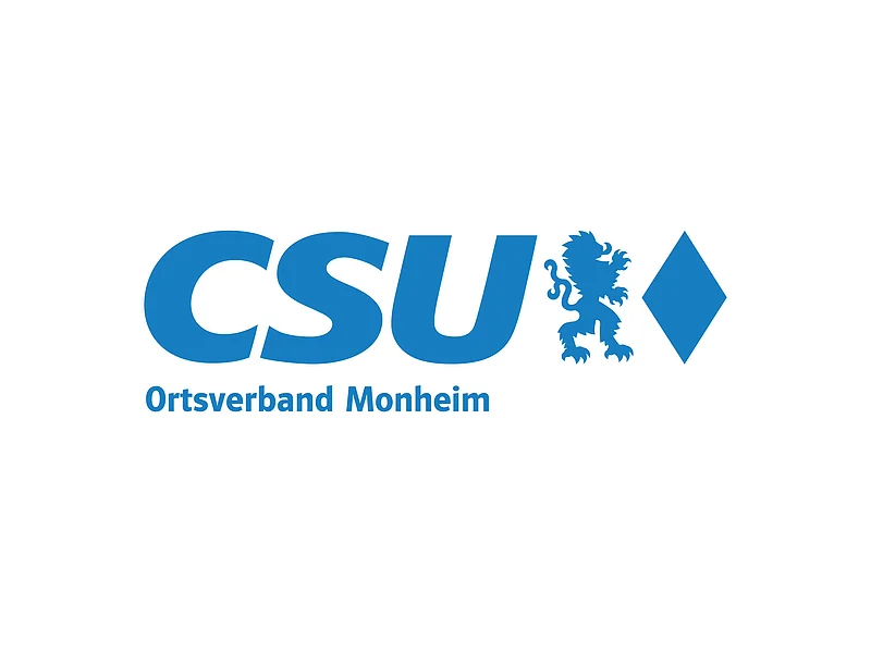 Blaues Logo des CSU Ortsverbands Monheim mit blauem Löwen und Rautensymbol rechts vom Text auf weißem Hintergrund.