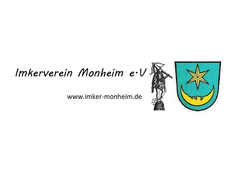 Imkerverein Monheim e.V. Logo des Imkervereins Monheim mit gleichnamigen Text in schwarz und zwei Symbolen rechts davon. Einmal das Wappen der Stadt Monheim in türkis-gelb. Auf dem Wappen ein Mond und ein Stern. Links neben dem Wappen eine Person mit einem Bienennest. Darunter in schwarz die Website-Adresse www.imker-monheim.de.
