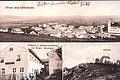 Alte Grußkarte aus Wittesheim - darauf ist rechts unten auch die Kalvarienbergkapelle zu sehen Schwarz-weiß Postkarte mit drei alten Fotos: mit einer Panorama-Aufnahme von oben von Wittesheim, Molkerei und Spezzereihandlung von Gregor Wenninger und der Kalvarienbergkapelle auf einem Hügel.