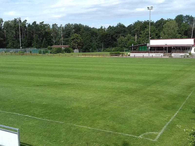 Blick auf einen gepflegten Fußballrasenplatz teilweise mit Umzäunung und länglichem Vereinsgebäude im Hintergrund, umgeben von grünen Bäumen.