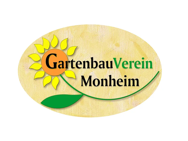 Logo des Vereins für Gartenbau und Landschaftspflege e.V. Monheim mit gelber Sonnenblume und dem Text „Gartenbau Verein Monheim“ darin auf ovalem beigem Hintergrund.
