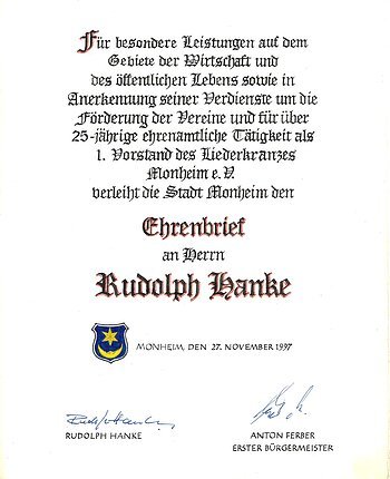 Rudolph Hanke Ehrenbrief Verleihung am 27. November 1997