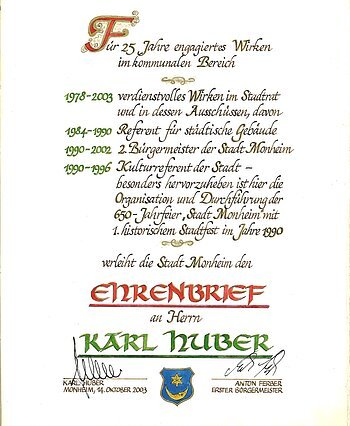 Karl Huber Ehrenbrief Verleihung am 14. Oktober 2003