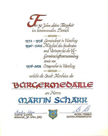 Martin Scharr Bürgermedaille Verleihung am 30. April 2002