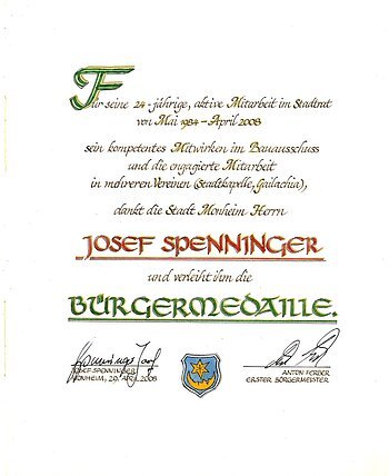Josef Spenninger Bürgermedaille Verleihung am 29. Apirl 2008