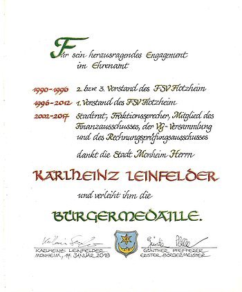 Karlheinz Leinfelder Bürgermedaille Verleihung am 17. Januar 2018