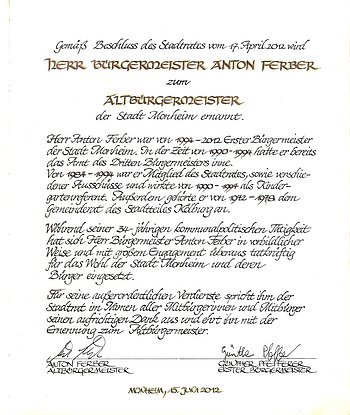 Anton Ferber Ernennung zum Altbürgermeister am 15. Juni 2012