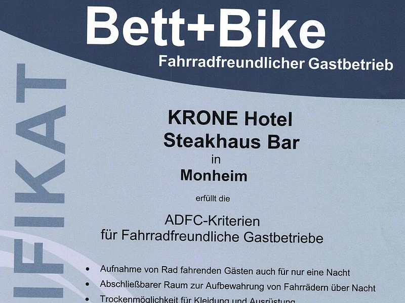 KRONE Hotel Steakhaus Bar - vom ADFC zertifizierter Bett+Bike Gastbetrieb Zertifikat des ADFC für das KRONE Hotel Steakhaus Bar in Monheim als fahrradfreundlicher Gastbetrieb, ausgestellt 2016.