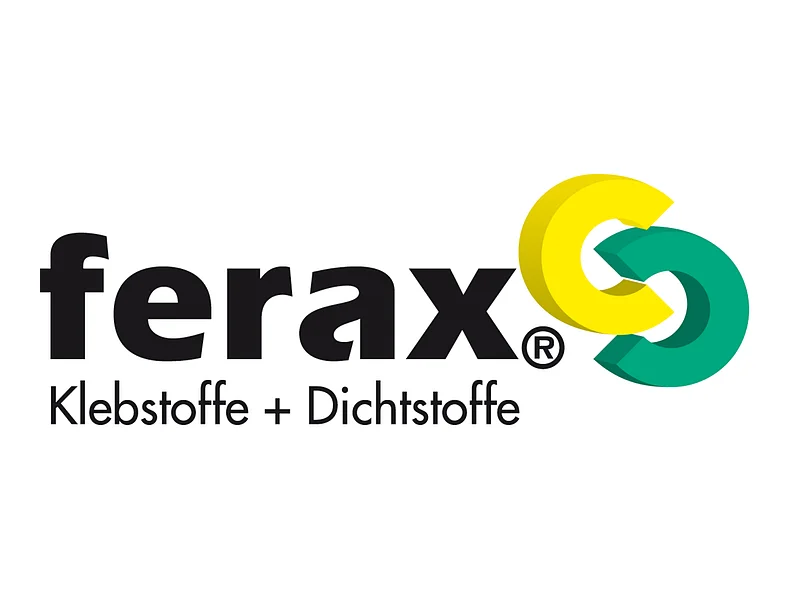 Logo der Firma ferax mit dem gleichnamigen Schriftzug und dem Text "Klebstoffe + Dichtstoffe" darunter. Rechts daneben ein grün-gelbes Symbol. Ein grüner Balken unter über das ganze Logo.