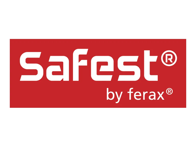 Logo mit weißer Schrift „Safest® by ferax®“ auf rotem Hintergrund