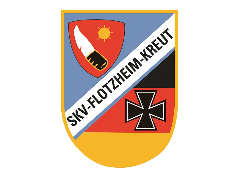 Logo des SKV Flotzheim-Kreut. Auf dem Logo oben ein Messer und Sonne, schwarzem Kreuz auf rotem Grund, Text "SKV-FLOTZHEIM-KREUT" auf weißem Band.