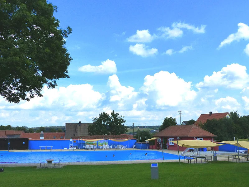 Freibad mit blauem Wasser, umgeben von Rasen, Bäumen und Gebäuden unter einem bewölkten Himmel. Vorderhalb vom Becken sind Sitzmöglichkeiten.