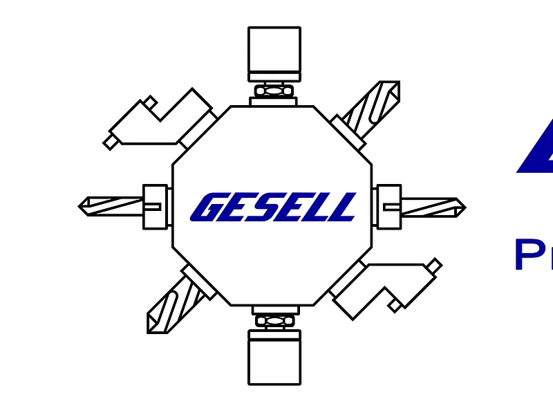 Logo Drehteile Gesell GmbH in Monheim Logo mit Werkzeugen um ein Oktagon und Schriftzug „Drehteile Gesell Präzisionsdrehteile - Sondermaschinenbau“ in Blau rechts daneben.