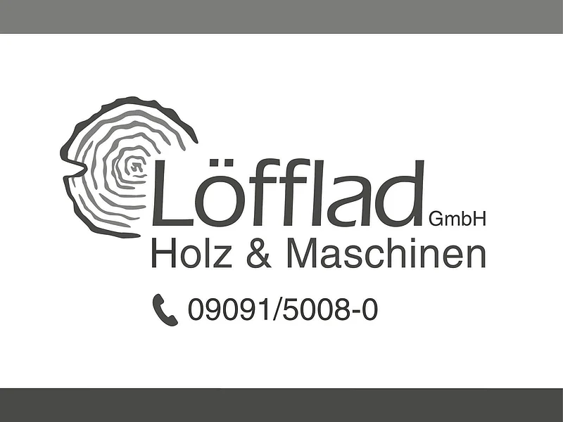 Logo Löfflad GmbH Monheim Logo mit Baumstammquerschnitt links im Bild und dem Schriftzug „Löfflad GmbH Holz & Maschinen“ daneben, sowie Telefonnummer 09091/5008-0 darunter. Alles in schwarzer Schrift auf weißem Hintergrund.