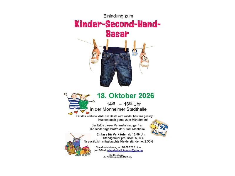 Einladung zum Kinder-Second-Hand-Basar am 18. Oktober 2026 von 14 bis 16 Uhr in der Monheimer Stadthalle. In der unteren Hälfe Text mit allen Informationen zur Veranstaltung außenrum mit Kindermotiven gestaltet. Darüber in der Mitte das Bild einer Wäscheleine mit einer Kinderhose und einem Paar Kinderschuhen. Alles auf weißem Hintergrund.
