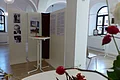 Ein Blick in die Ausstellung von Hans Mayer Kunstausstellung mit weißen Stellwänden, Fotos, Texttafeln und Stehtischen in einem Raum mit Rundbögen und Fenstern.