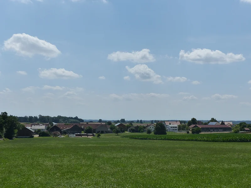 Kreut Blick auf eine grüne Wiese im Vordergrund, mit Wohnhäusern und Bäumen unter blauem Himmel mit vereinzelten Wolken im Hintergrund.