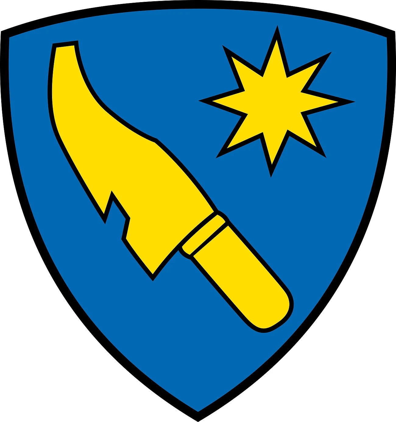 Wappen Flotzheim Das Wappen des Monheimer Stadtteils Flotzheim. Auf dem Wappen ist ein gelbes Schwert und ein gelber Stern auf blauem Hintergrund zu sehen.