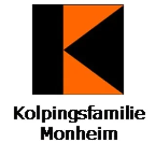 Logo der Kolpingsfamilie Monheim mit schwarzem und orangefarbenem stilisiertem K auf weißem Hintergrund. Darunter der Schriftzug "Kolpingsfamilie Monheim"